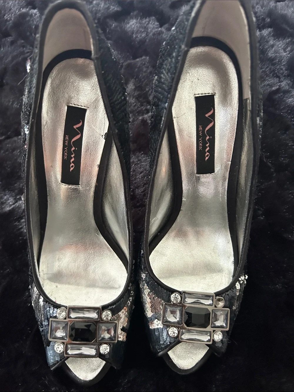 Nina Black Sequin Peep-Toe Heels with Crystal Jewel Accent